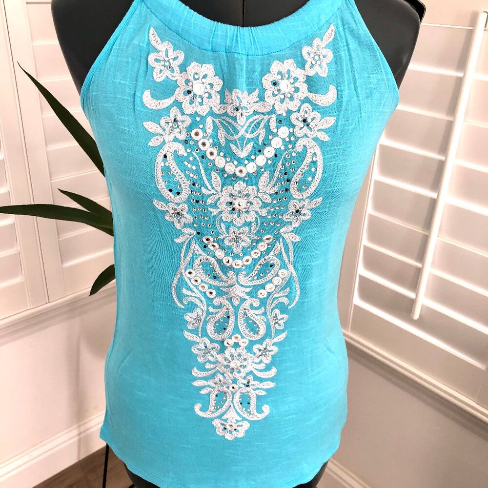 INC International Concepts Embroidered Sleeveless Turquoise Top, Small - Picture 2 of 9
